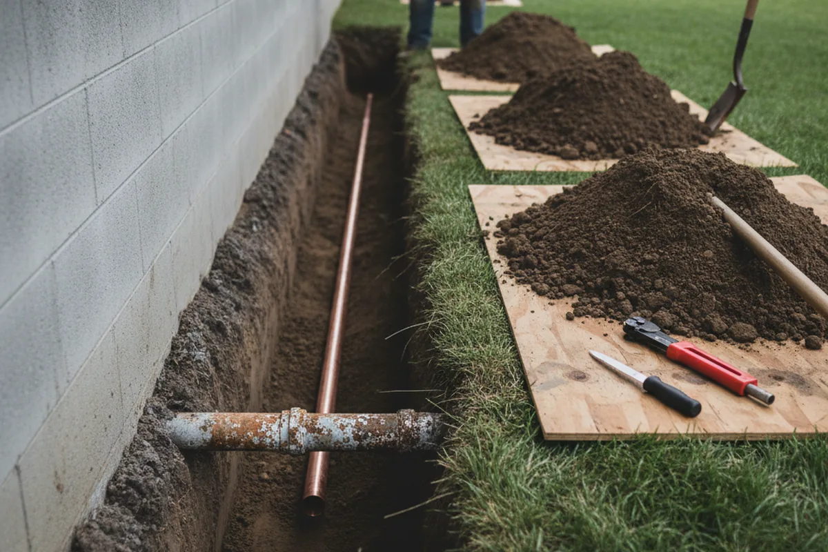 Excavated water line trench during Sewer Line Repair in Edmond